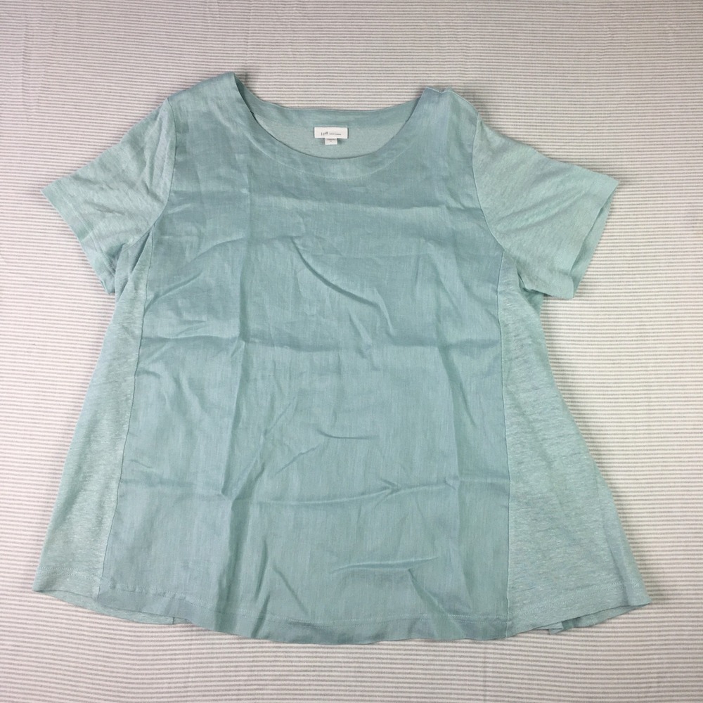 JJill Love Linen Top L Aqua Blue Mixed Media Short Sleeve Knit Woven Scoop Neck